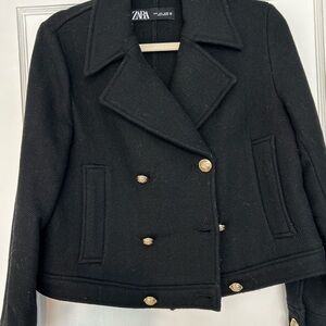 Zara Women's Black Pea Coat with Gold Buttons